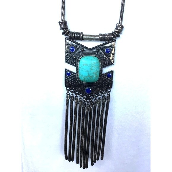 Silver Tone Square Medallion With Faux Turquoise - Picture 1 of 5